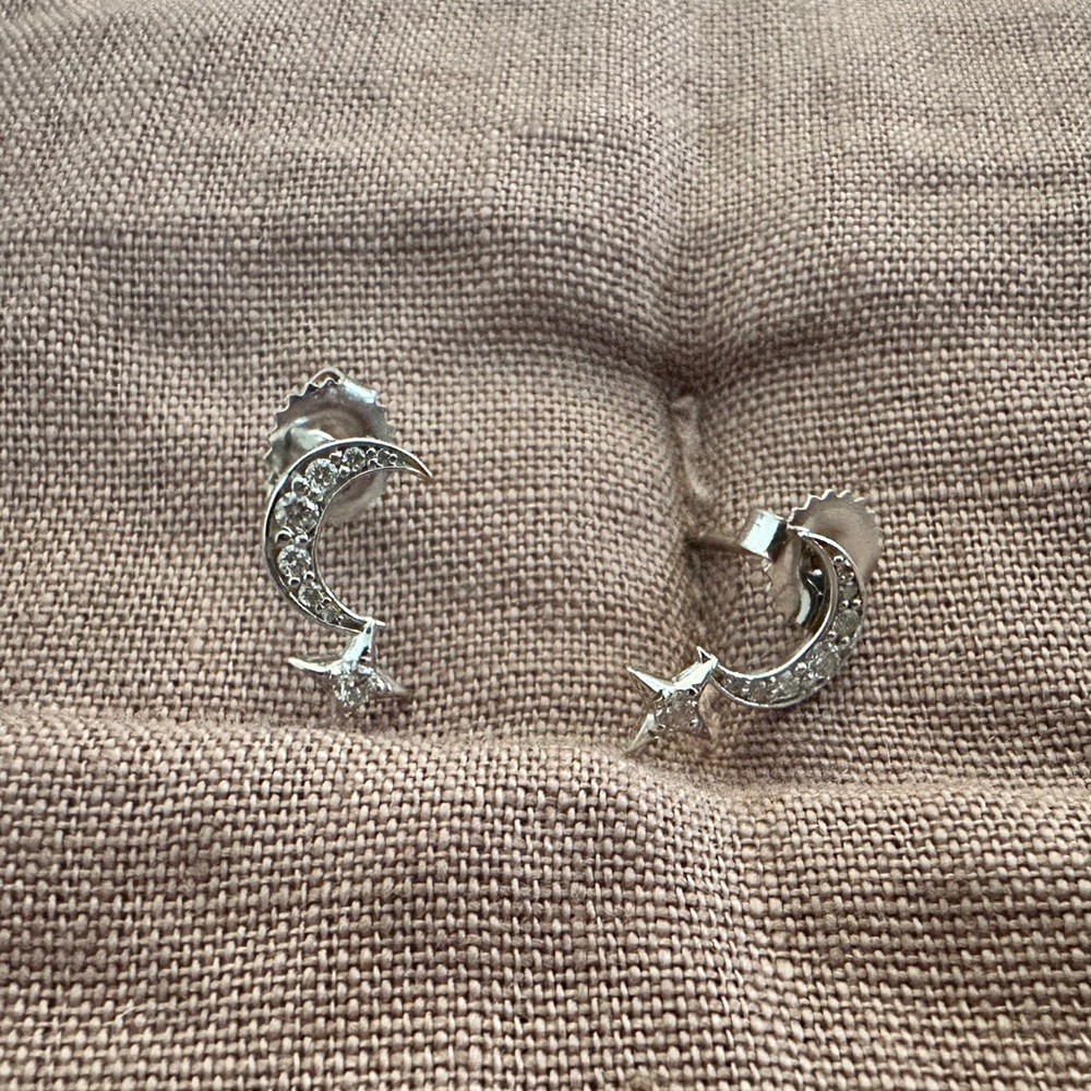 White Gold and Diamond Crescent Moon Earrings, with star accent